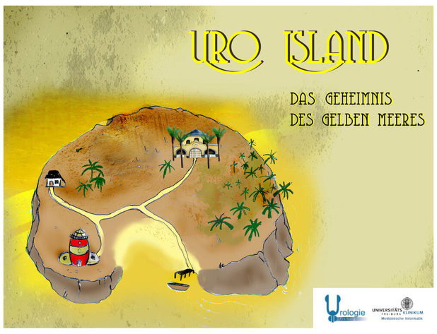 No topo, ao lado direito, as palavras URO ISLAND. Abaixo, à direita, as palavras DAS GEHEIMNIS, DES GELBEN MEERES. Ao lado esquerdo, uma ilha com coqueiros e construções. Estas são interligadas por rio amarelo. Em volta da ilha, um mar amarelo. No canto inferior direito da tela, as marcas do instituto de urologia e da universidade.